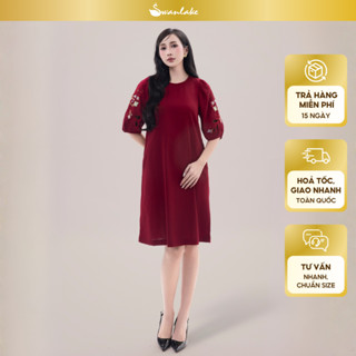 SWANLAKE | Váy Đầm Nữ Suông Vải Linen Thêu Hoa Đục Lỗ 3D Cổ Tròn Tay Bí Lỡ Có Túi Công Sở D11725