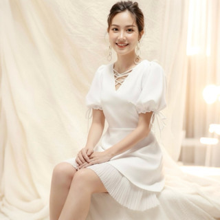 Đầm dự tiệc màu trắng phối dập li thanh lịch (kèm hình thật)