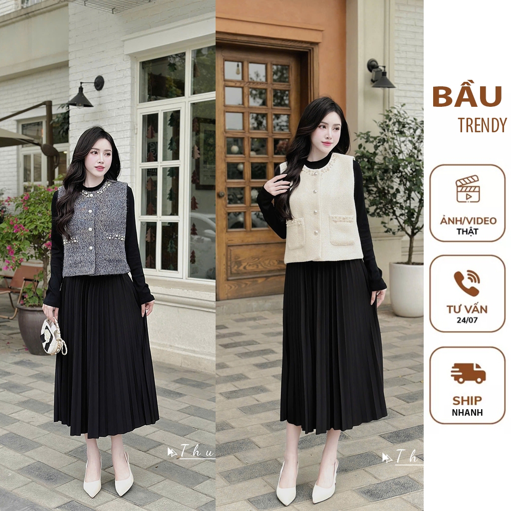 Đầm váy bầu thu đông TRENDY X573 Len Quảng Châu dáng dài chân xếp ly mix áo gile dạ sang chảnh đi ti