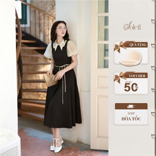  Váy Nữ Tay Bồng Thiết Kế Dáng Dài SOLEIL Cổ Điển Phối Nơ Đá Thắt Eo Tiểu Thư - LÉNA DRESS VD24 
