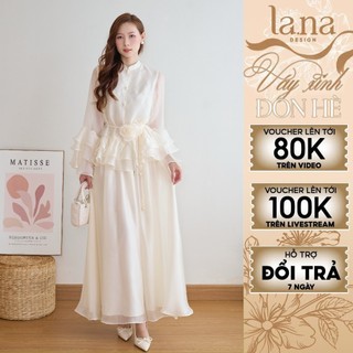 Set váy Lam Anh thiết kế LA.NA DESIGN chất liệu tằm óng mềm mịn màu be có kèm dây đai hoa - SV379 