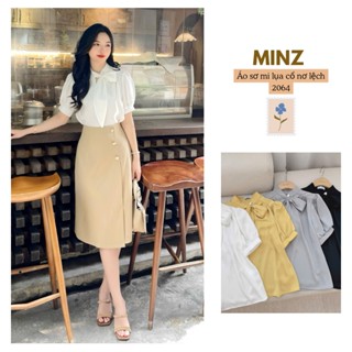 Áo Sơ Mi Lụa Cổ Nơ Lệch MINZ STORE Mã 2064, Thiết Kế Ngắn Tay Phong Cách Công Sở
