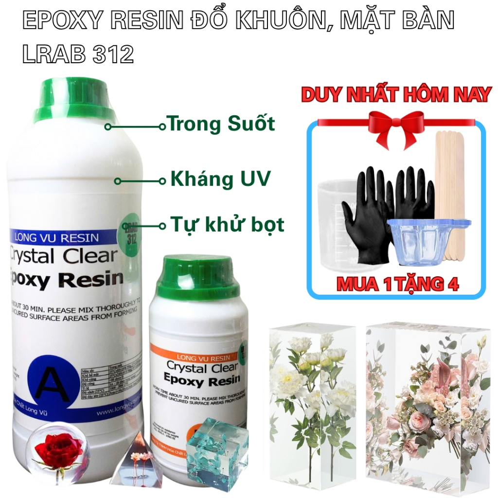  Keo Epoxy Trong Suốt Keo AB Hai Thành Phần 3A:1B Đổ Khuôn Handmade Đổ Mặt Bàn Kháng UV - LRAB-312 