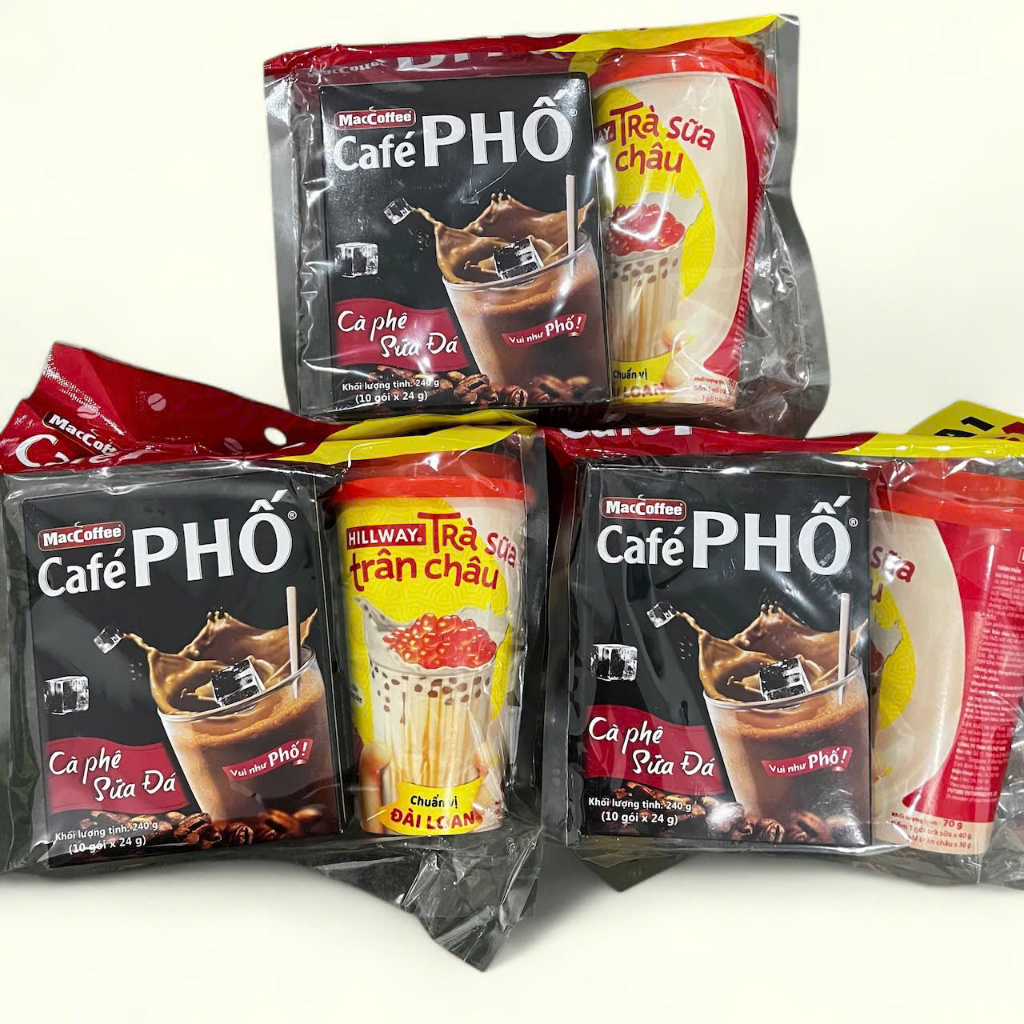 [Combo 3 Bịch] Cafe sữa đá Cafe Phố hộp 10 gói 24g tặng ly trà sữa trân châu