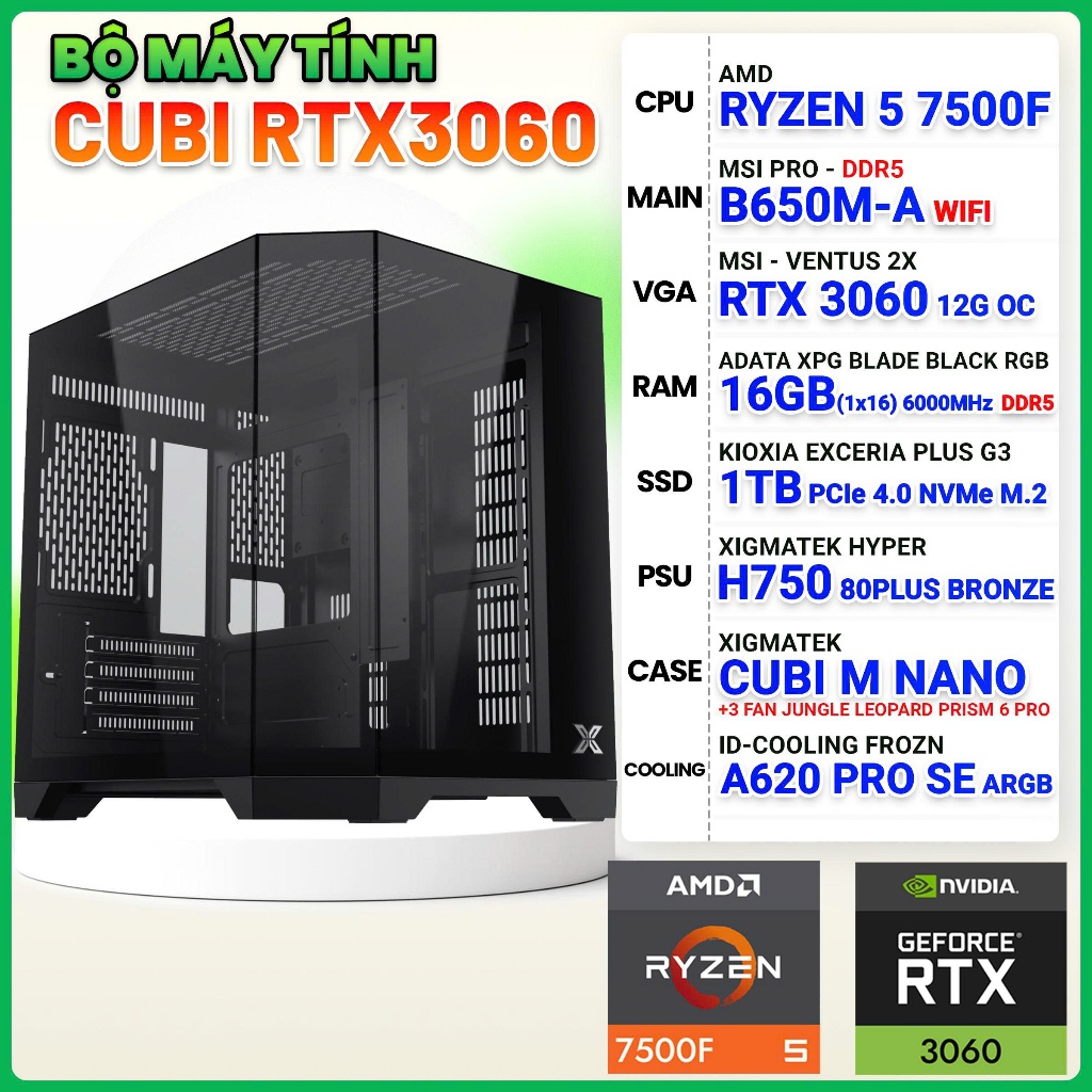Bộ máy tính Ryzen 5 7500F B650M 16G 1T 750W 3060 12G -36T