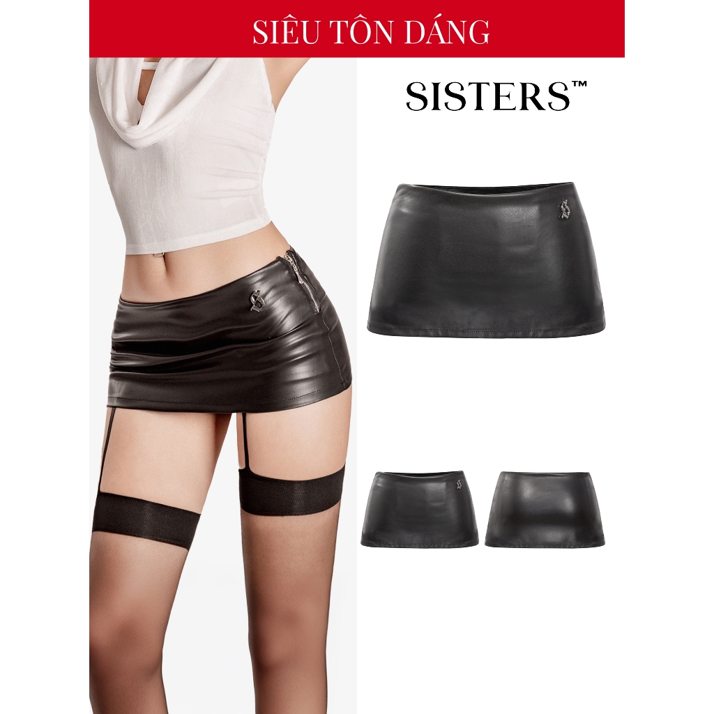  Chân váy siêu ngắn da ôm sát SISTERS khóa kéo kèm logo tôn dáng có quần trong màu đen Mini Skirt Keely | SS-V52 