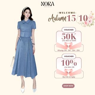 Set đồ công sở NORA - Thiết kế áo cổ sen, tay bồng phối chân váy dài đính nơ phong cách tiểu thư, thanh lịch S872