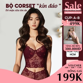 [MỚI VỀ] Bộ đồ lót ren đỏ đậm Mebra áo croptop ren corset có gọng có mút lắp rời quần lót boxer không viền sáng da