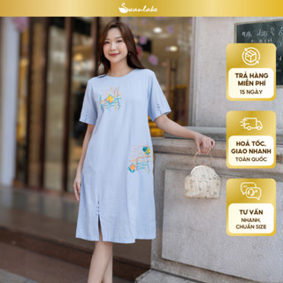 SWANLAKE | Váy Đầm Nữ Suông Vải Linen Thêu Hoa Cổ Tròn Tay Ngắn Xẻ Tà Có Túi Công Sở Mùa Hè D11220