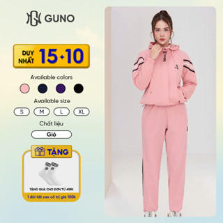 Bộ Quần Áo Gió Nam Nữ GUNO Cao Cấp Phối Sọc Tay Ngang Có Mũ Logo Thêu Set Gió Thể Thao 25BG138/BB178