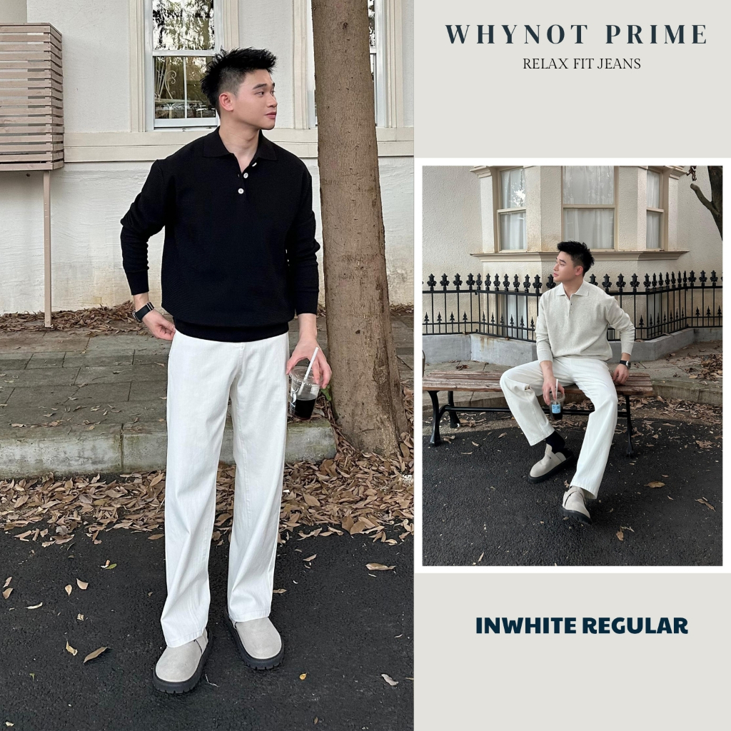 Quần Jean Nam Ống Suông Đứng Màu Trắng Dáng Regular WN PRIME, Quần Bò Nam Form Suông Rộng Có BigSize