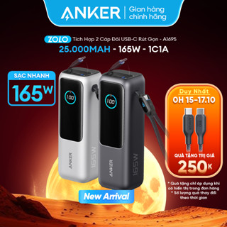 [HoảTốc] Sạc dự phòng Anker Zolo 25.000mAh | Công suất 165W | Tích hợp 2 cáp USB-C có thể rút gọn | Có màn hình - A1695