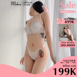 [MỚI] Bộ đồ lót ren nữ áo cup chéo có gọng không mút ( có khe thêm mút rời) quần lót ren dây màu kem phớt hồng Mebra