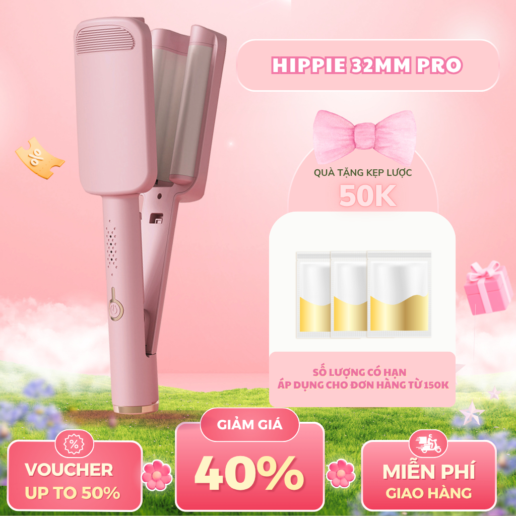 Máy Uốn Xoăn Sóng Nước Hippie 32 Pro Máy Làm Xoăn Tạo Kiểu Sóng Nước 3 Trục Gốm Sứ Ceramic Ion Âm- H