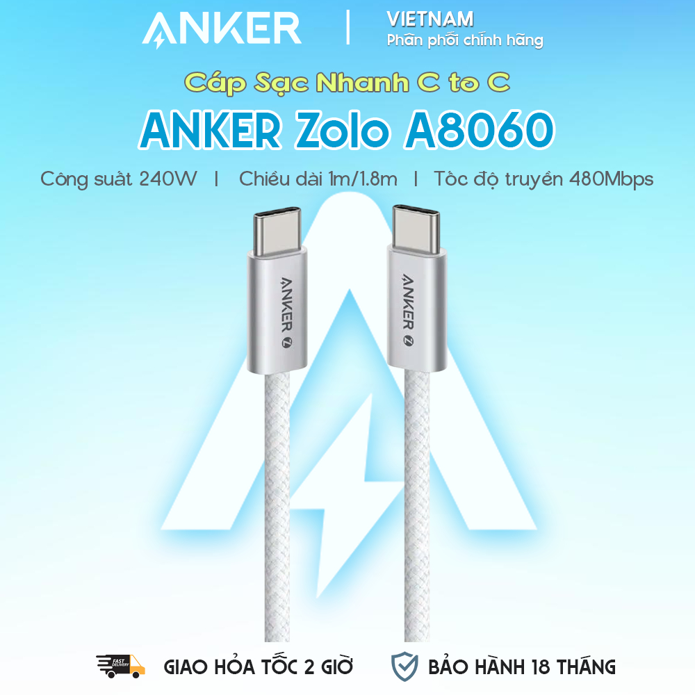Cáp Sạc Nhanh C to C ANKER Zolo A8060 240W (480Mbps, Nylon Braided)