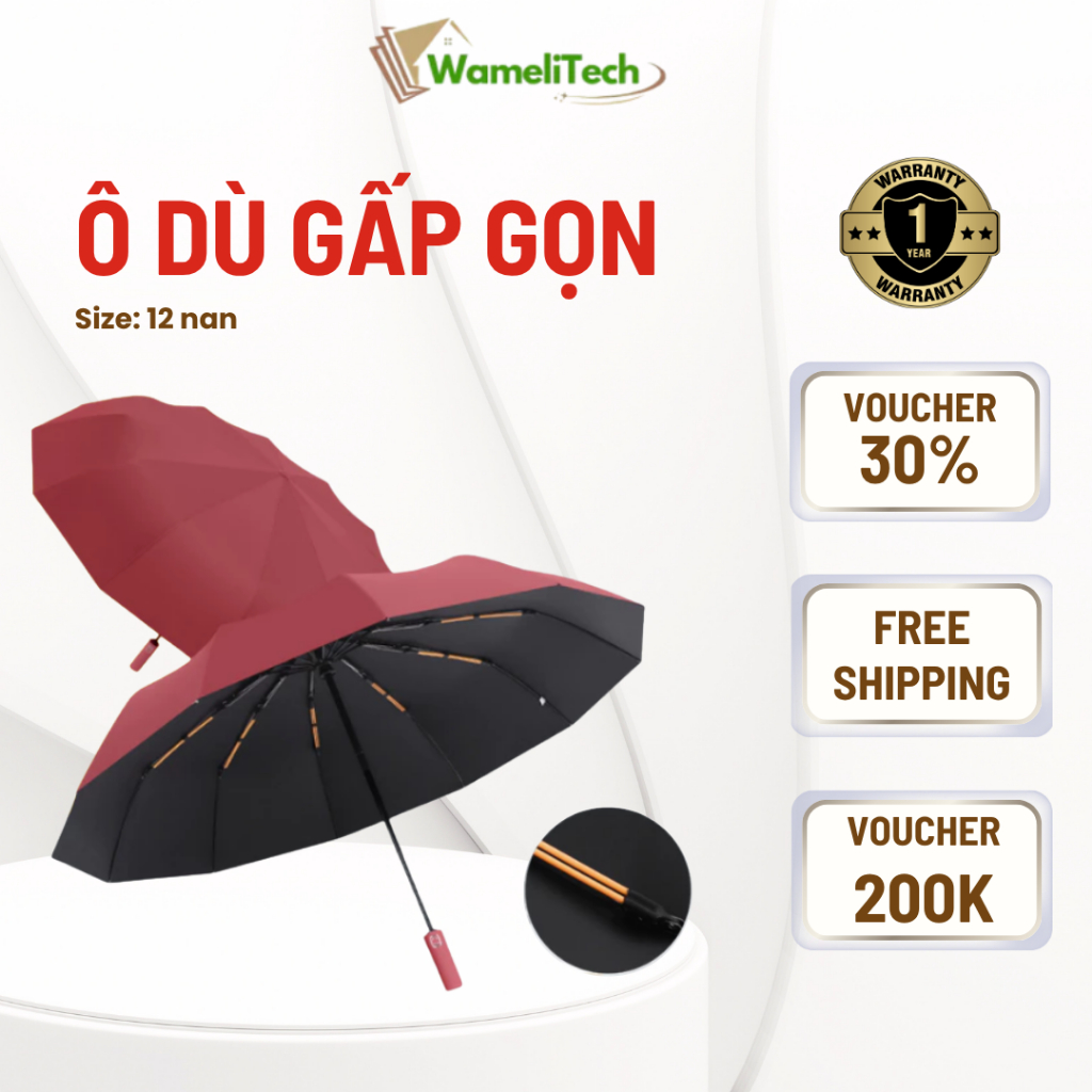 Ô dù 12 nan thép Wameli gấp gọn tiện lợi che mưa che nắng siêu bền chống lật chống tia UV