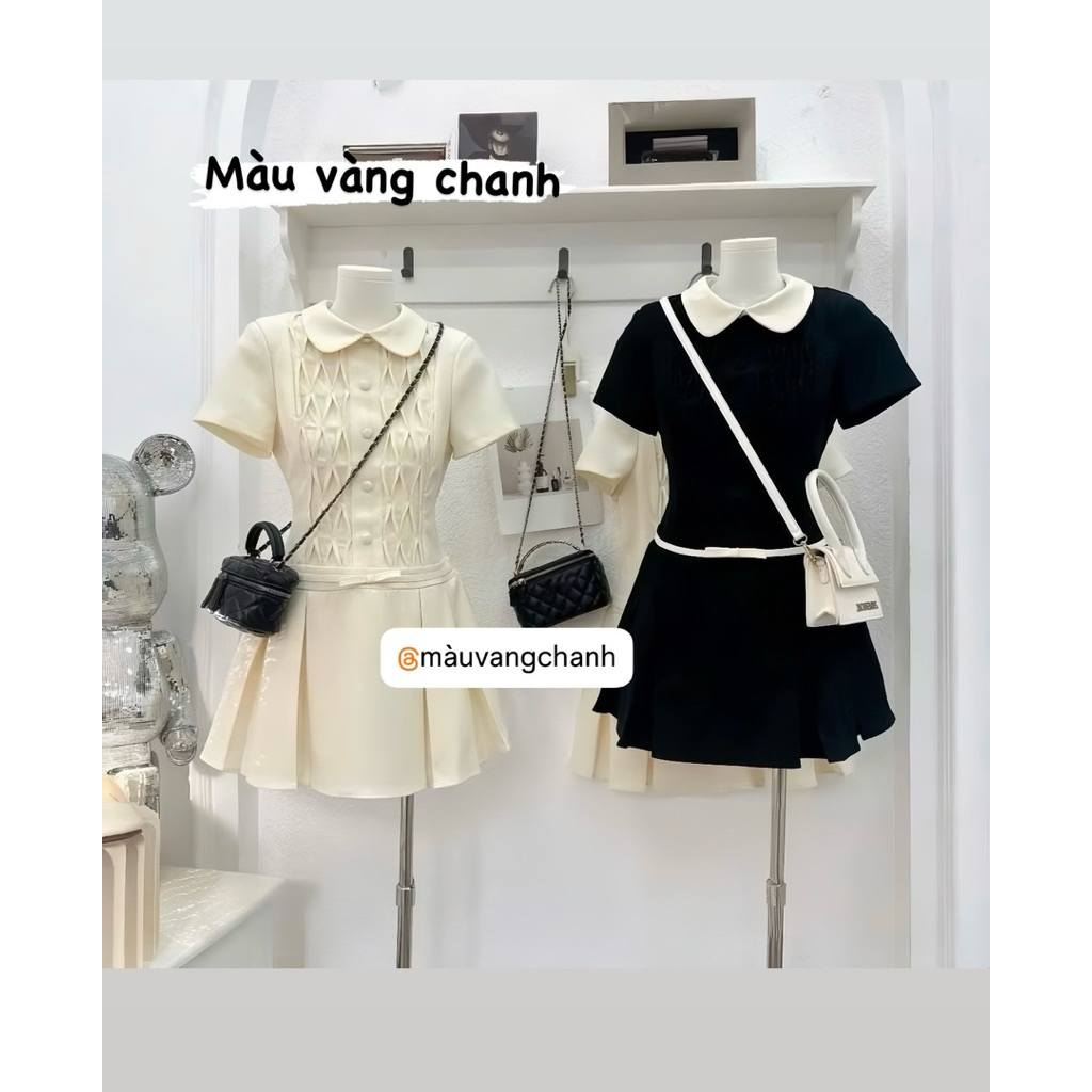 (V.01 Hàng Thiết Kế): Váy Cổ Sen Chéo Ý Xếp Ly 2 Màu Cúc Bọc Nối Hình Trám Nơ Eo Nhẹ Nhàng Tiểu Thư Kèm Bảo Hộ-Lollaye | BigBuy360 - bigbuy360.vn