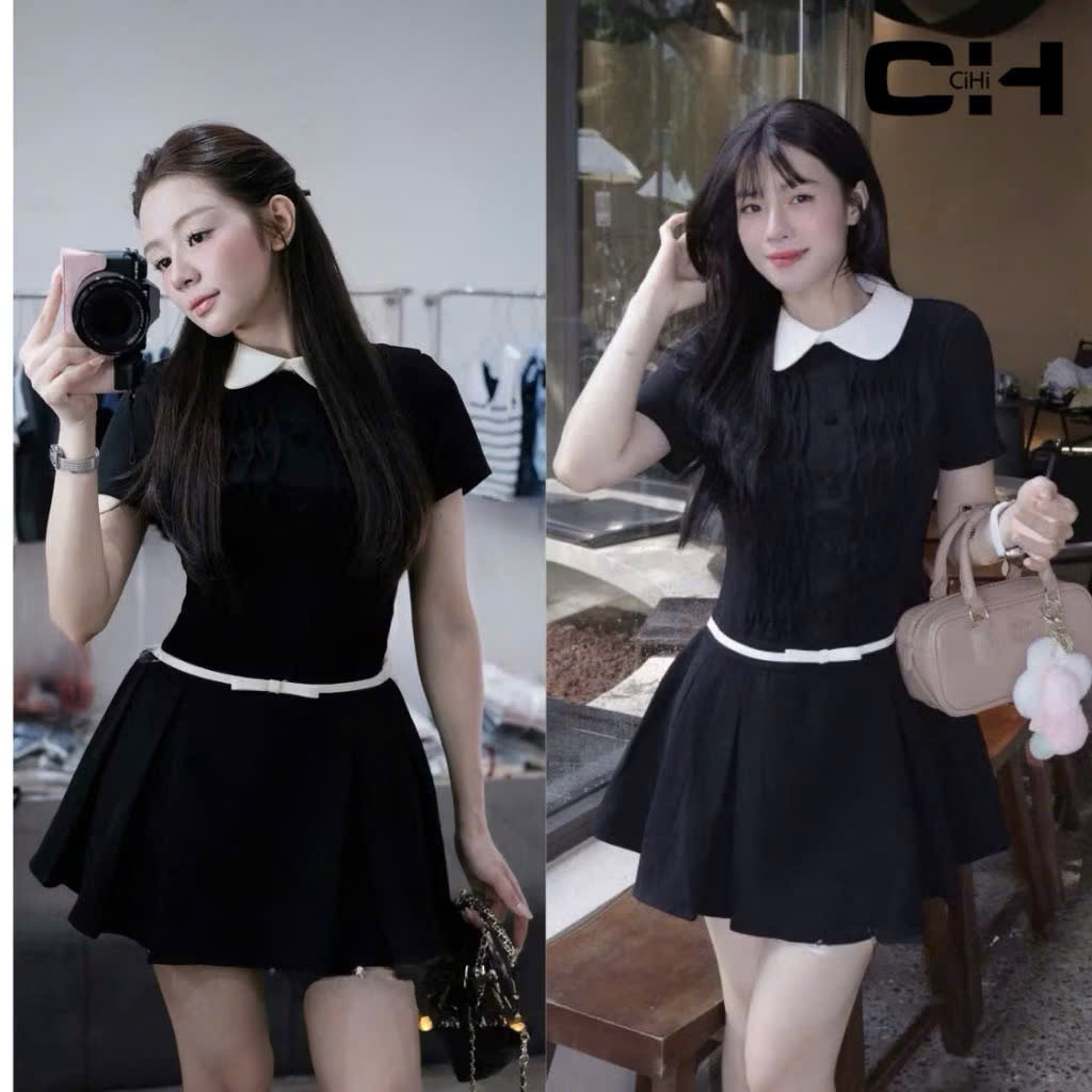 (V.01 Hàng Thiết Kế): Váy Cổ Sen Chéo Ý Xếp Ly 2 Màu Cúc Bọc Nối Hình Trám Nơ Eo Nhẹ Nhàng Tiểu Thư Kèm Bảo Hộ-Lollaye | BigBuy360 - bigbuy360.vn