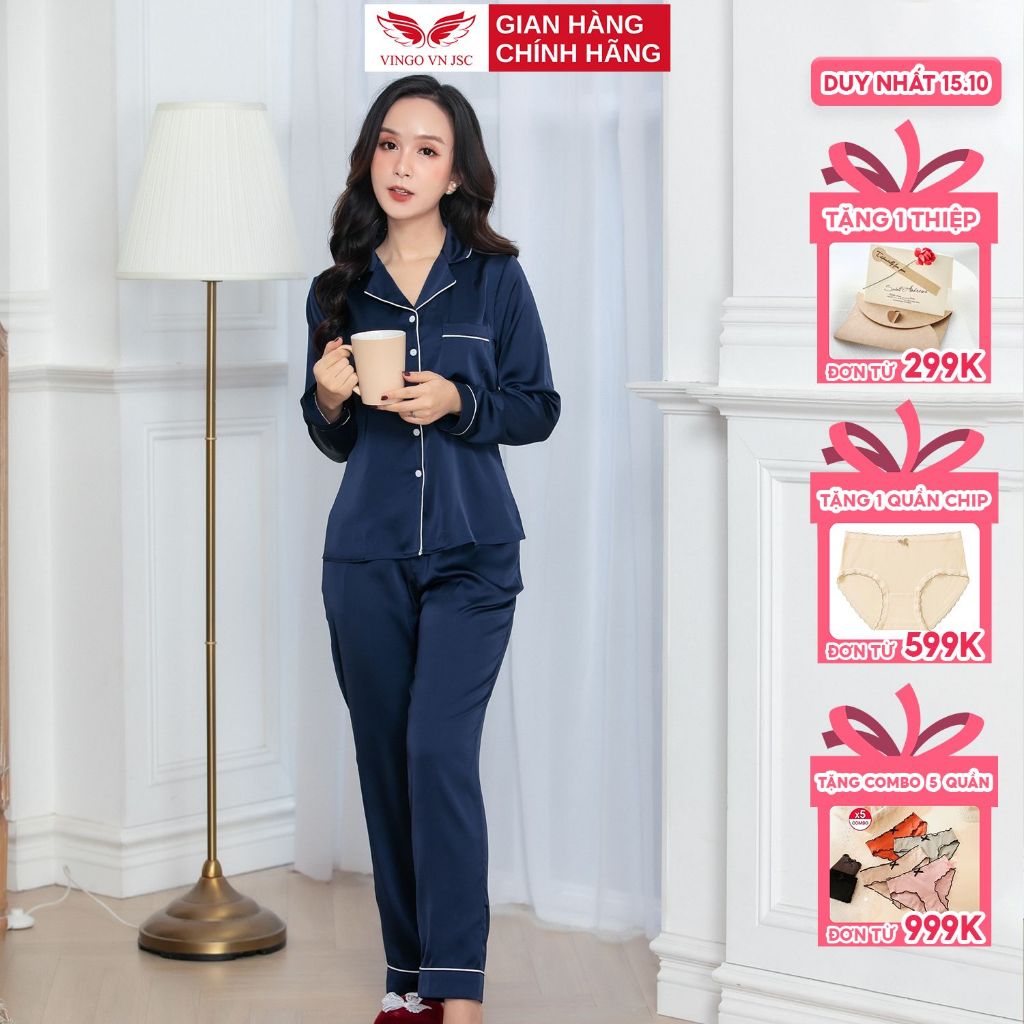 Bộ đồ ngủ nữ Pijama mặc nhà lụa Pháp VINGO tay dài mùa Thu H253 VNGO