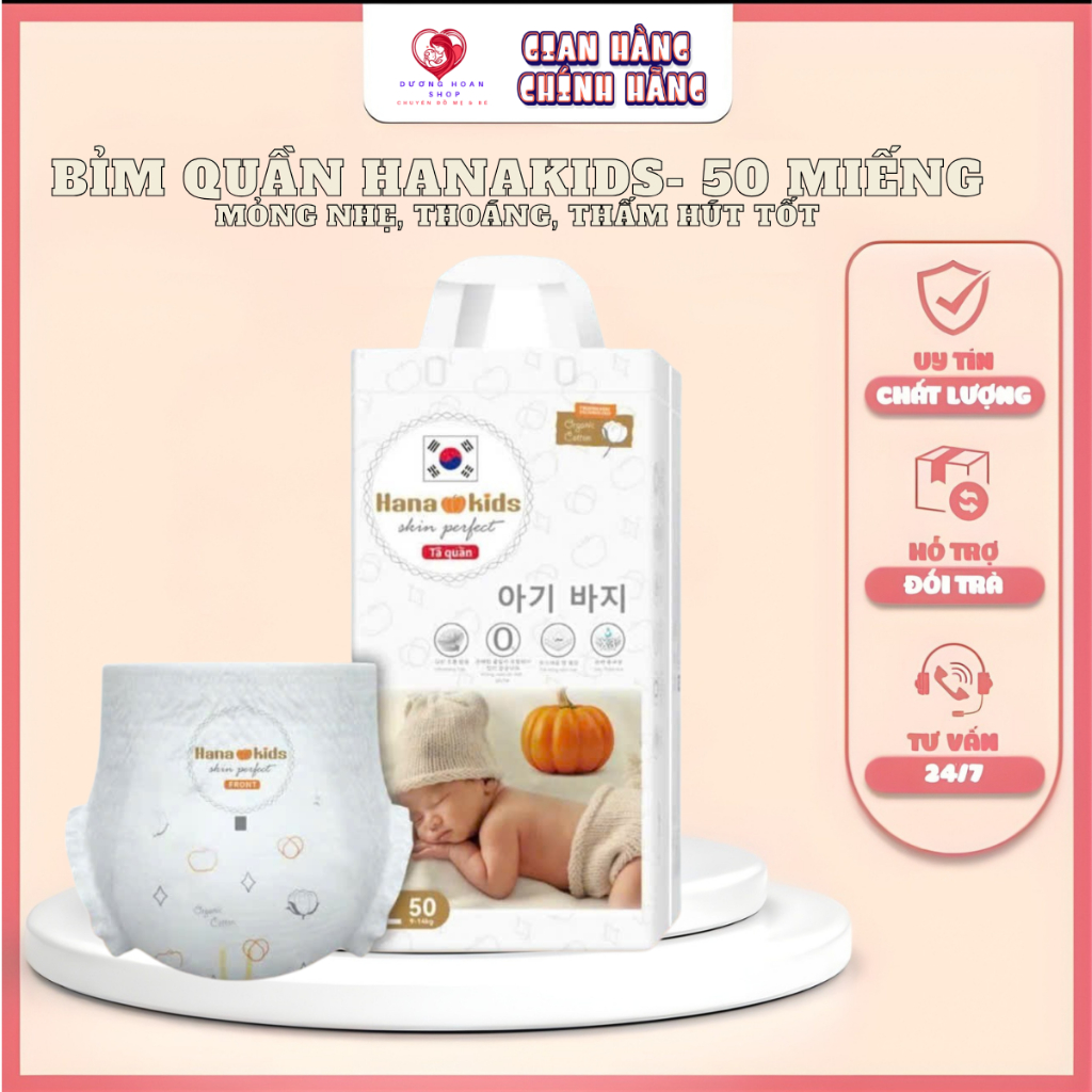50 miếng bỉm quần HanaKids hữu cơ công nghệ Hàn Quốc đủ size cho bé yêu, thấm hút tốt tã bỉm bí ngô