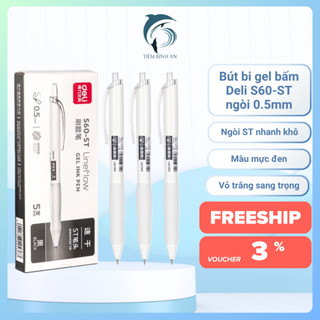 [Combo 5 Bút] Bút Bi Gel Bấm,  Bi Nước Màu Đen Nhanh Khô Deli S60-ST Ngòi 0.5mm