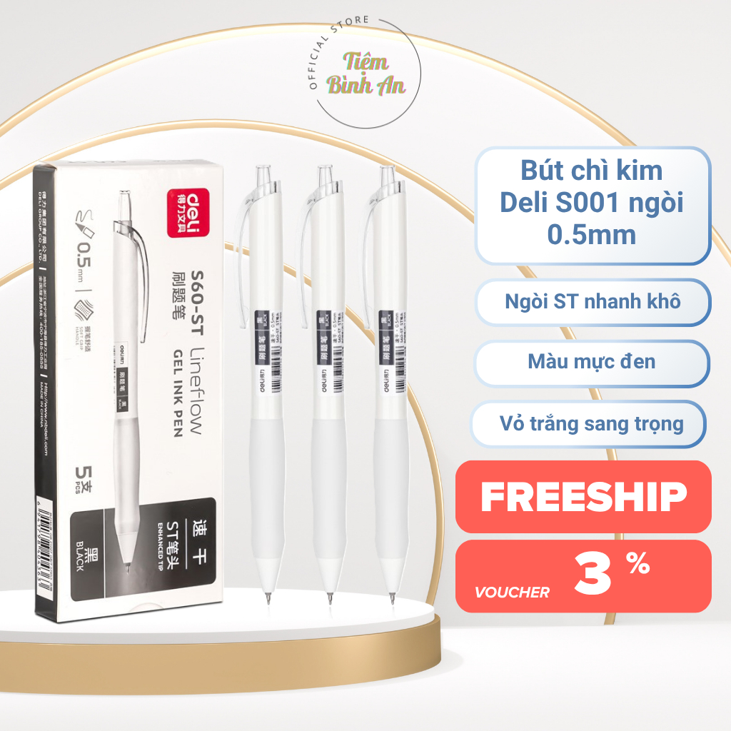[Combo 5 Bút] Bút Bi Gel Bấm,  Bi Nước Màu Đen Nhanh Khô Deli S60-ST Ngòi 0.5mm