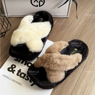  Dép Lông Nữ Đi Trong Nhà Quai Chéo Ngang Đế Thấp Bánh Mì - Trinh Lê Shop Giày Dép 012 