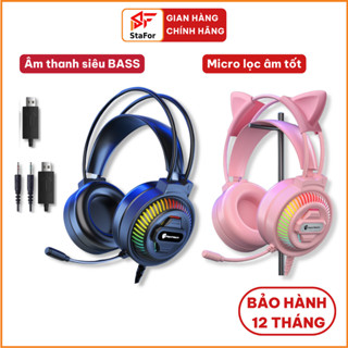 Tai nghe chụp tai GAMING chống ồn có mic đàm thoại lọc âm, đèn LED đổi màu, headphone chơi game trên laptop, pc