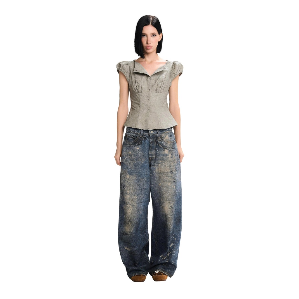 LSOUL Áo Cotton Nữ Cổ Bẻ Tay Phồng Yu Top + Quần Jeans Baggy Yeom Bottom A25102837
