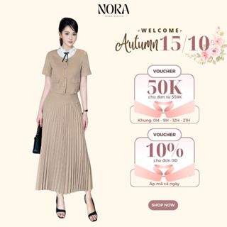 Set công sở chất gold nhật cao cấp NORA - Áo croptop tay ngắn cổ bèo phối chân váy dài dập ly thanh lịch, nữ tính S863