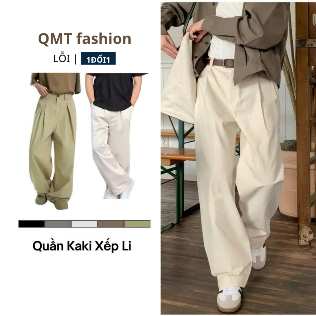  Quần Kaki Nam ống rộng suông QMT Quần Ống Rộng nam mềm mịn cạp chun xếp li  cúc đồng thoải mái 006 
