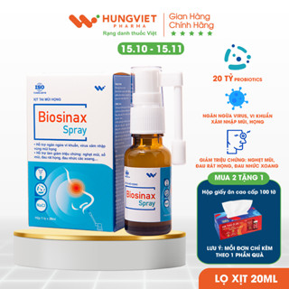 Xịt mũi họng Biosinax Spray, chứa 20 tỷ bào tử lợi khuẩn đa chủng và NaCl, lọ 20ml