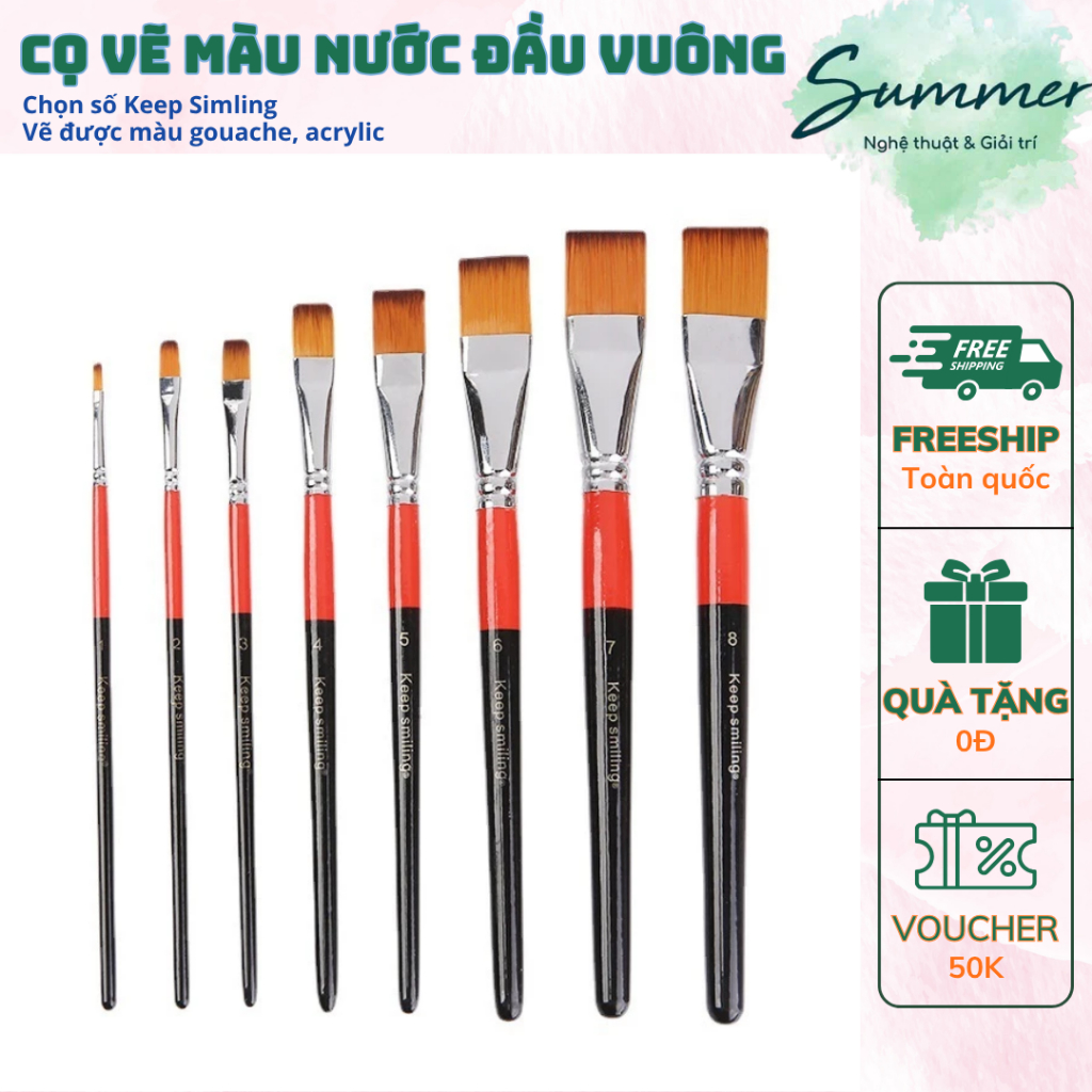 Cọ Vẽ Màu Nước Đầu Vuông Keep Smiling, Dùng Được Gouache Acrylic Sơn Dầu – Họa Phẩm Summer