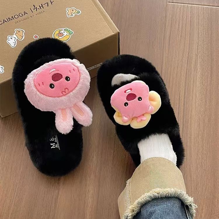BABE VOLT Dép Lông Loppy Dễ Thương Dép cotton Đế Dày Phối Lông Xinh Xắn Dành Cho Nữ