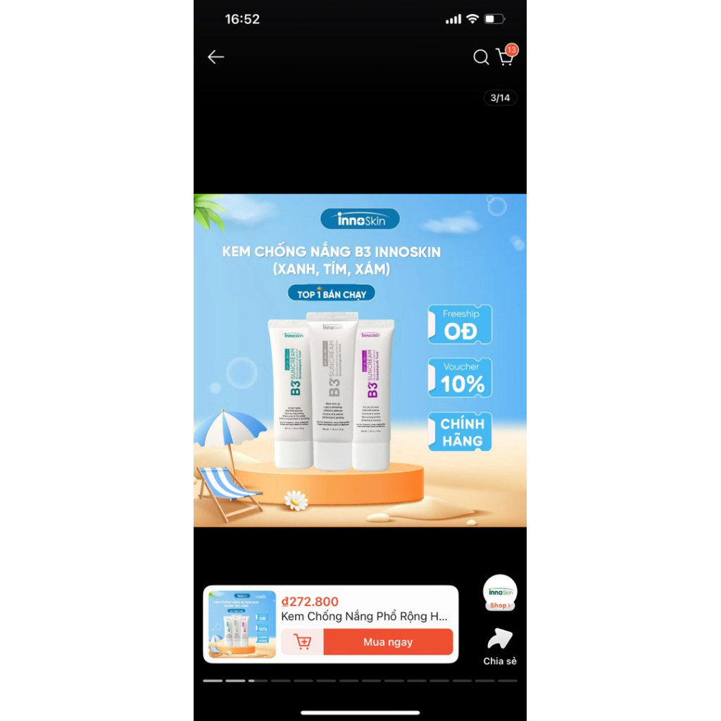 Kem chống nắng quang phổ rộng B3 INNOSKIN nâng tone - chống nắng - kháng nước