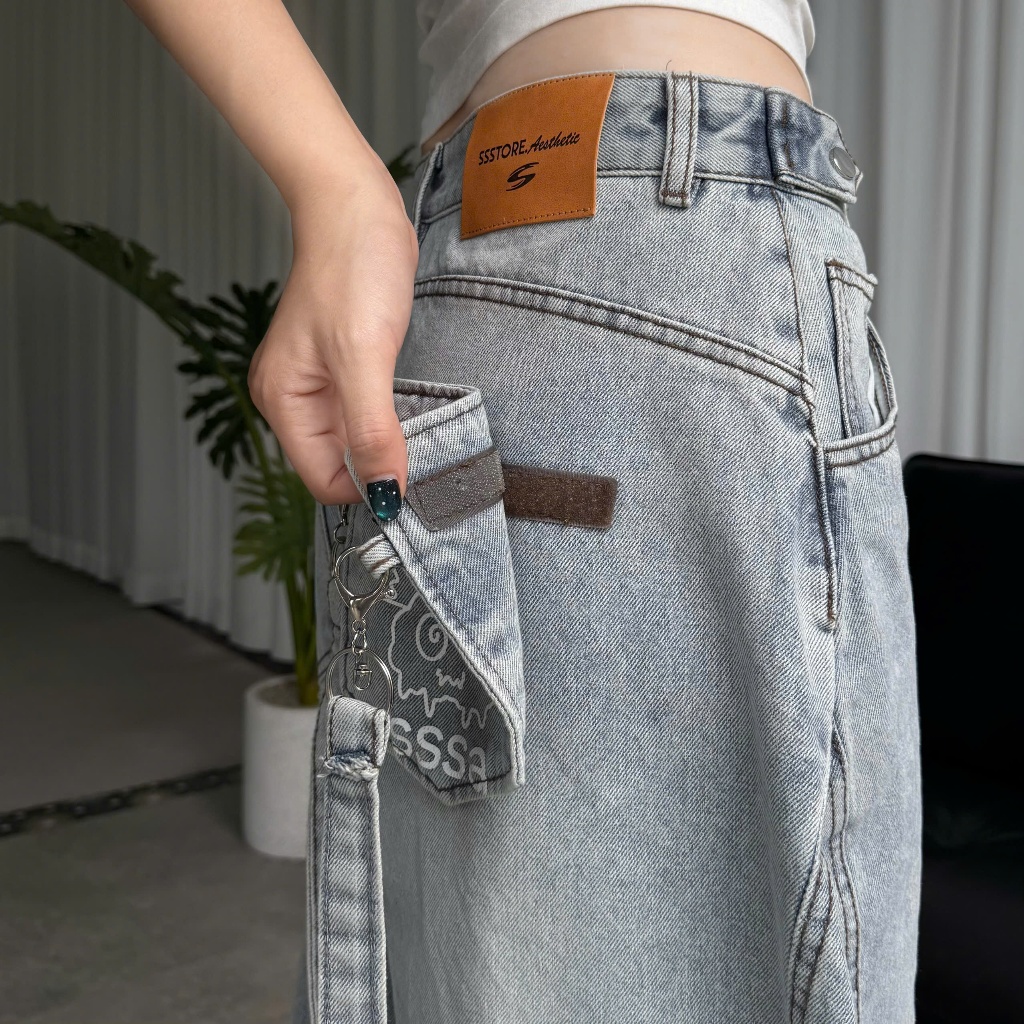 QUẦN JEANS PHỐI TÚI ĐEO CHÉO THÁO RỜI PREMIUM FORM RỘNG TÔN DÁNG NAM NỮ ĐAI SIẾT EO | SSSTORE.AESTHETIC | BigBuy360 - bigbuy360.vn