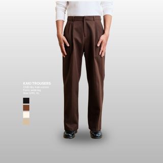  Quần Âu Nam Vải Kaki Cạp Cao Form Rộng Ống Dài Phủ Giày - B Brown Wide Leg Khaki Trousers 