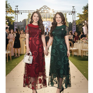 Đầm Trung Niên Sang Trọng [ Linh Trà ] ( LT 3687 ) Thiết Kế Tay Ngắn Cổ Tròn Đi Làm Đi Tiệc Trang Nhã Cho Quý Bà U30 U40