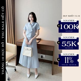 Set Váy Công Sở Cao Cấp Olivia.Chic Chất Tuytsi Áo Croptop Ngắn Tay Cổ Lệch Vạt Phối Chân Váy Dài Xếp Ly Thanh Lịch S845