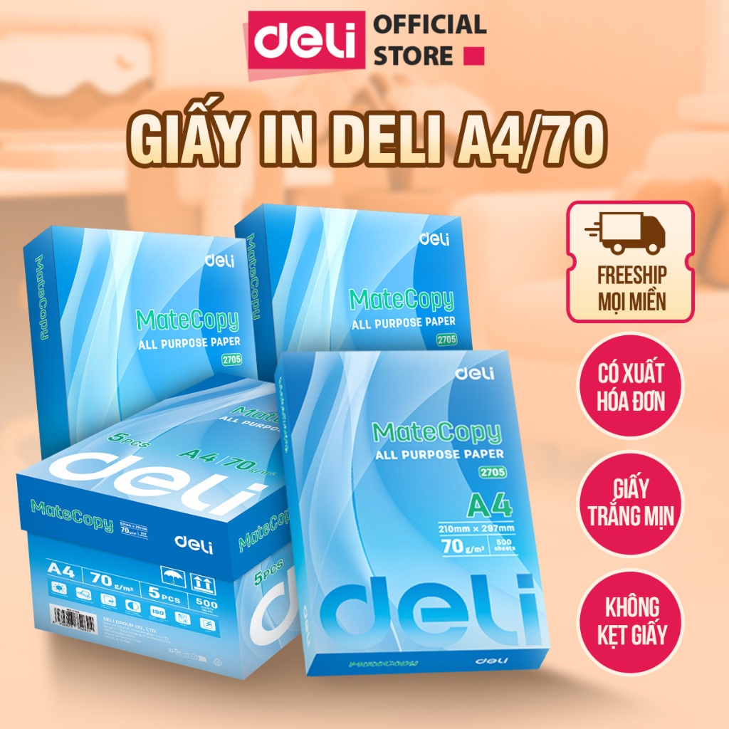   Deli VPP  500 Tờ Giấy A4 Deli Giấy In Photo Cao Cấp Chính Hãng Loại Dày - Giấy Vẽ Chống Lóa Mỏi Mắt 