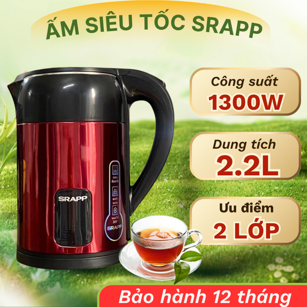 Ấm siêu tốc SRAPP ST304 dung tích 2.2L, chất liệu inox 304 tự động ngắt khi sôi, bảo hành 12 tháng