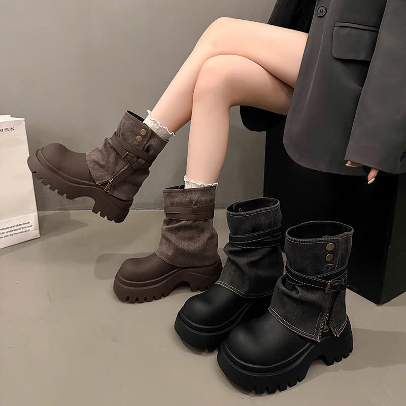 Giày boot nữ, Boot ống chân phối vải denim bò đế 7cm  dạng xỏ 2 màu Nâu tây và xanh đen thời trang cá tính dành cho nữ