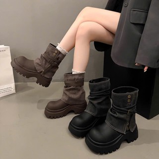 Giày boot nữ, Boot ống chân phối vải denim bò đế 7cm  dạng xỏ 2 màu Nâu tây và xanh đen thời trang cá tính dành cho nữ