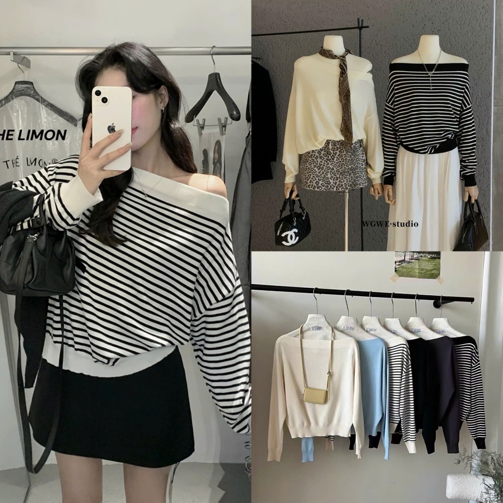 METWO. - Áo len trễ lệch vai trơn mịn/kẻ ngang WG.WE cổ thuyền basic QC dài tay dày dặn ulzzang tiểu thư Hàn Quốc #8768