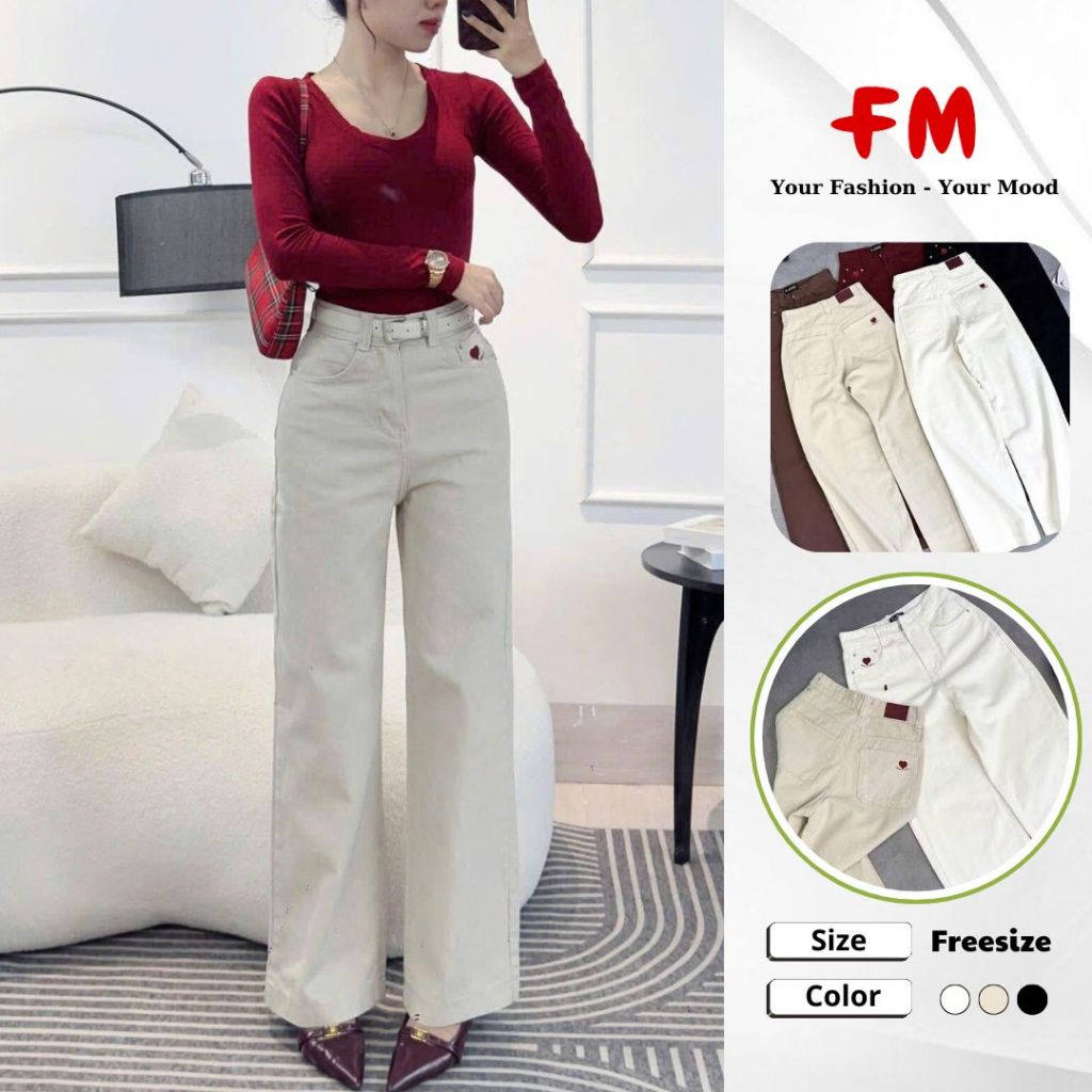 Quần Kaki Ống Suông Nữ FM Style Đồ Nữ – Thêu Hình Tim, Vải Dày Dặn, Form Chuẩn Tôn Dáng 25070559