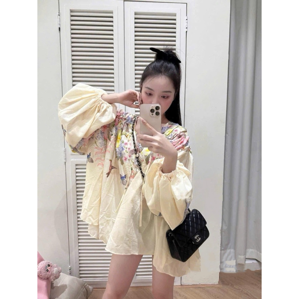 Áo babydoll hoa zim màu be qcl1