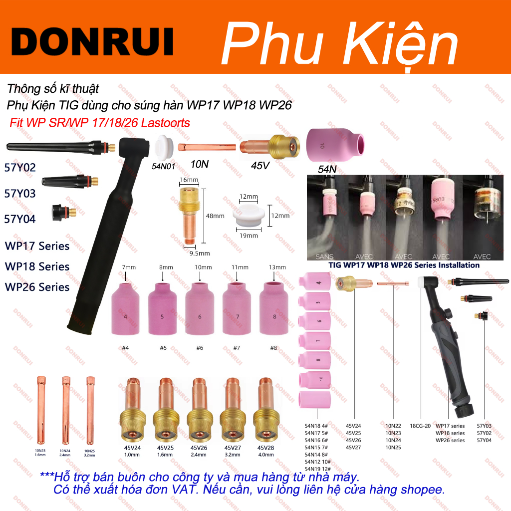 Thoát khí có lọc 45V25 26 27 và chụp sứ 54N Sứ lọc mỏ hàn tig WP26 WP17 WP18