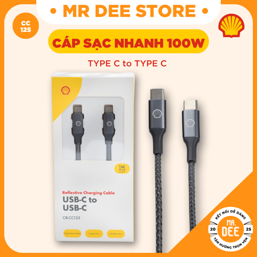 Cáp sạc nhanh Shell PD 100W Type C To Type C Chống Rối Dài 1m CC125