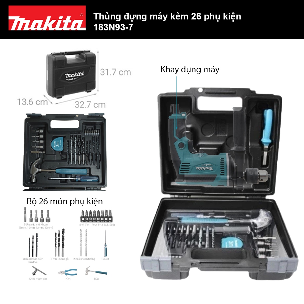 Thùng đựng máy kèm 26 phụ kiện Makita 183N93-7 | Makita việt nam