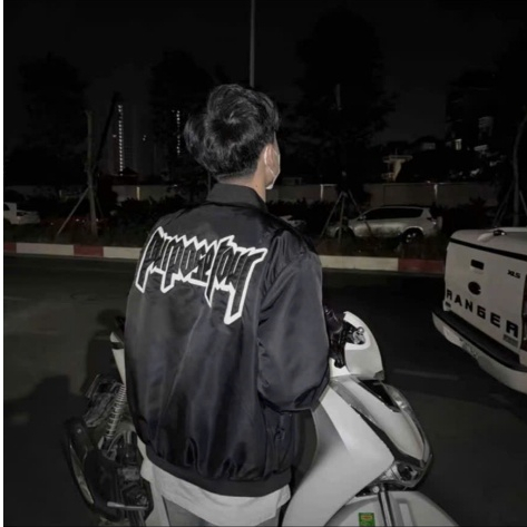 Áo khoác bomber gió nam nữ PB đen thêu chữ da Purpose Tour lưng phối túi khoá tay Ht2k6QC